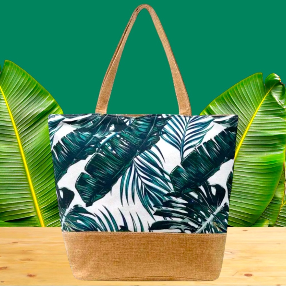 Palm‎ Leaf Botanical TOTE with zip closure that is lightweight and foldable. - Picture 2 of 8
